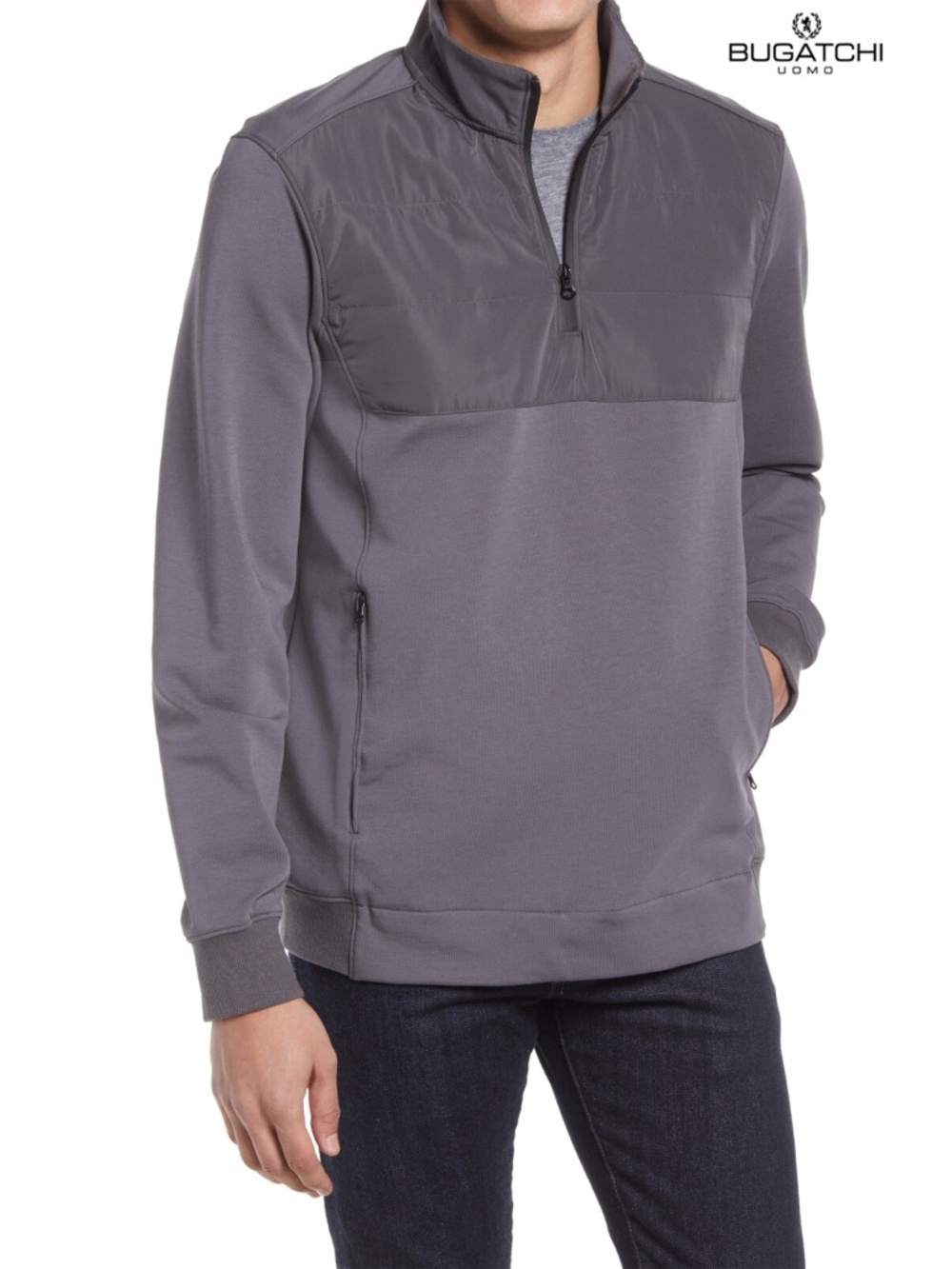 BUGATCHI NWT MOC NECK QUATER ZIP SOLID COTTON BLEND CHARCOAL PULLOVER. SIZE L